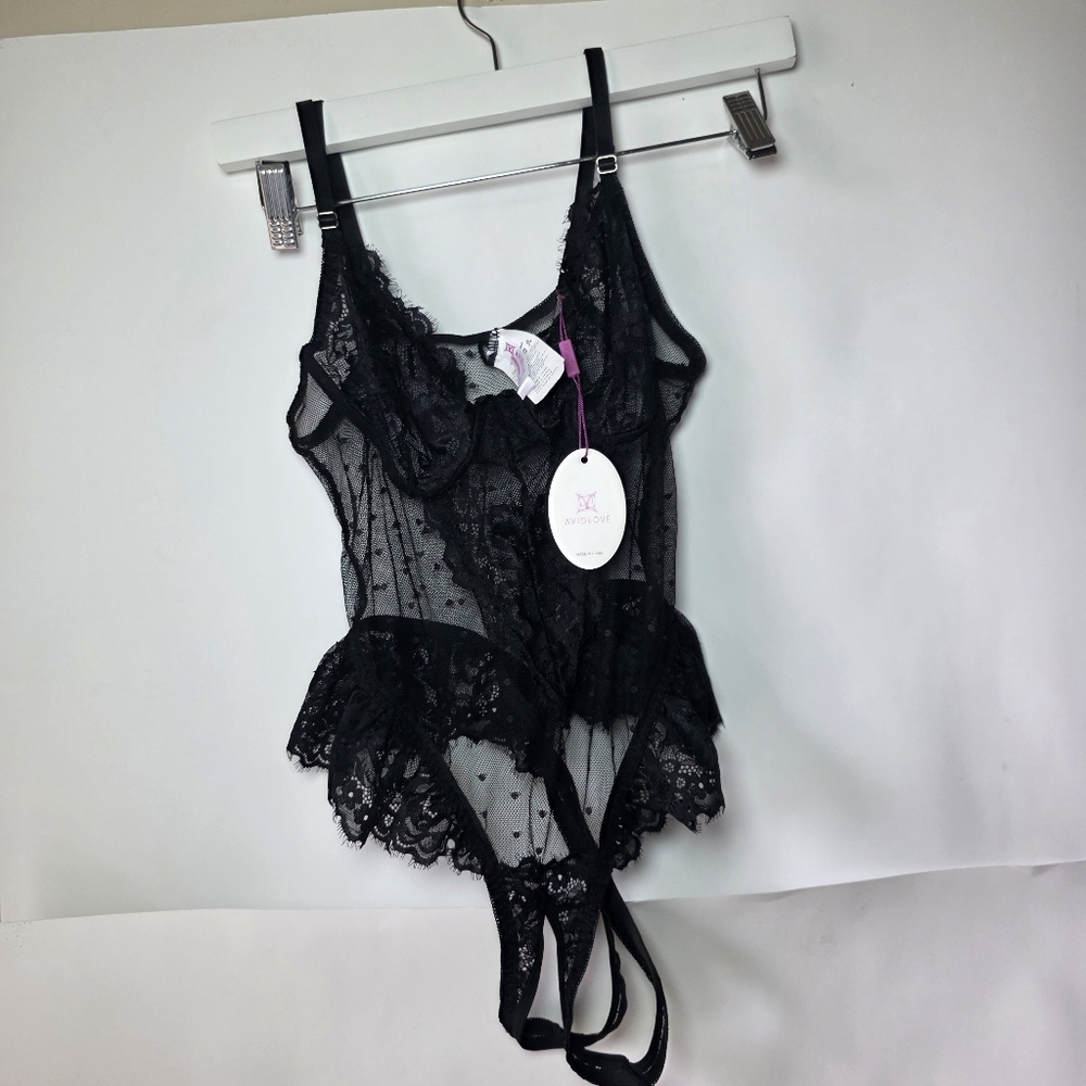 Black Lace Lingerie Bodysuit Sheer Feminine Intimate Women Size L